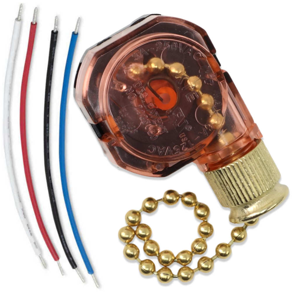KTE 3089 Circuit B 3 Speed Fan Pull Chain Switch - Brass with 4 wires