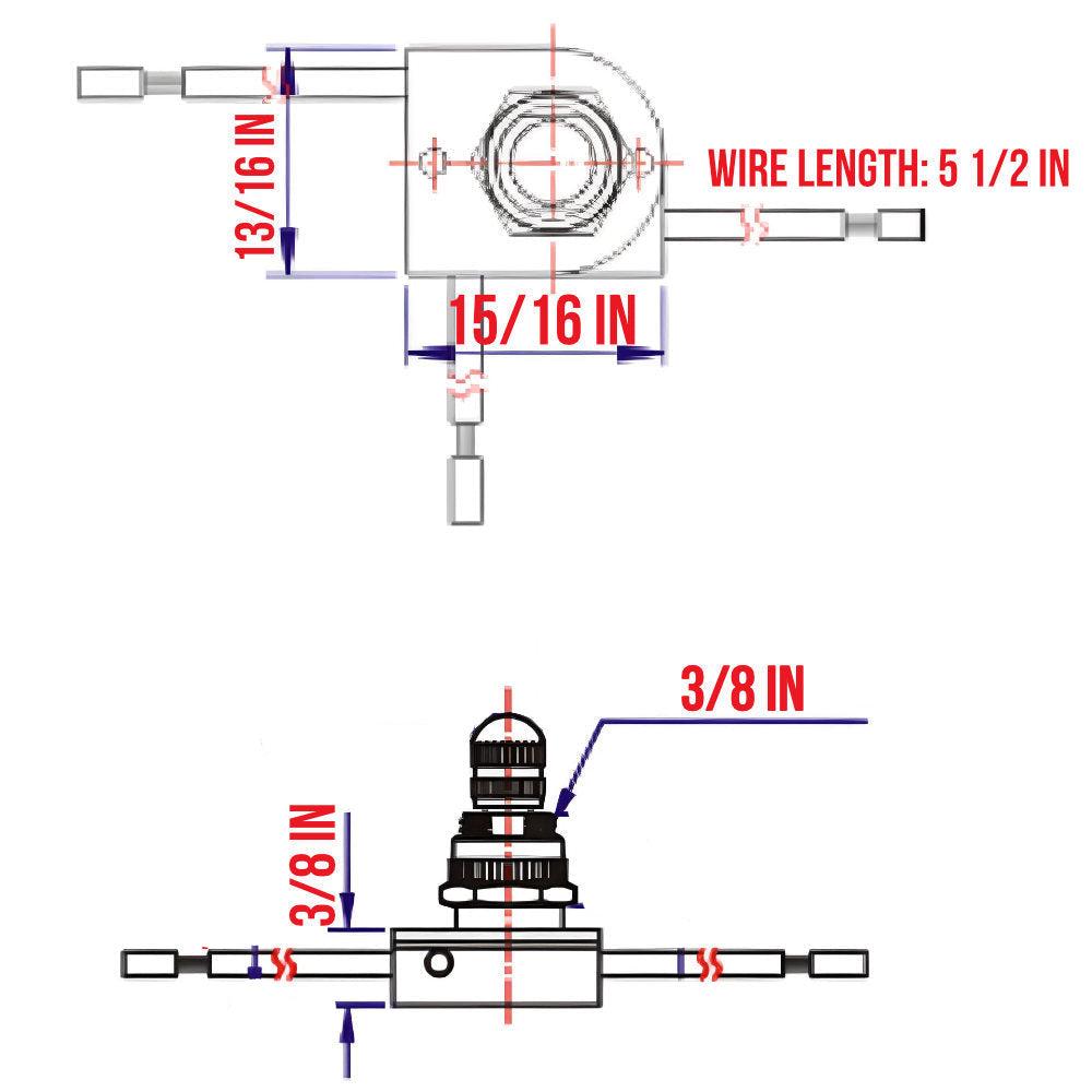 Zing Ear ZE-116M 3-Way 3-Wire Rotary Lamp Light Switch - 3/8" Shank (dimensions in inches)