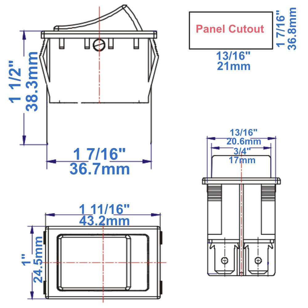 DPST rocker switch compatible with KEDU HY60E - dimensions
