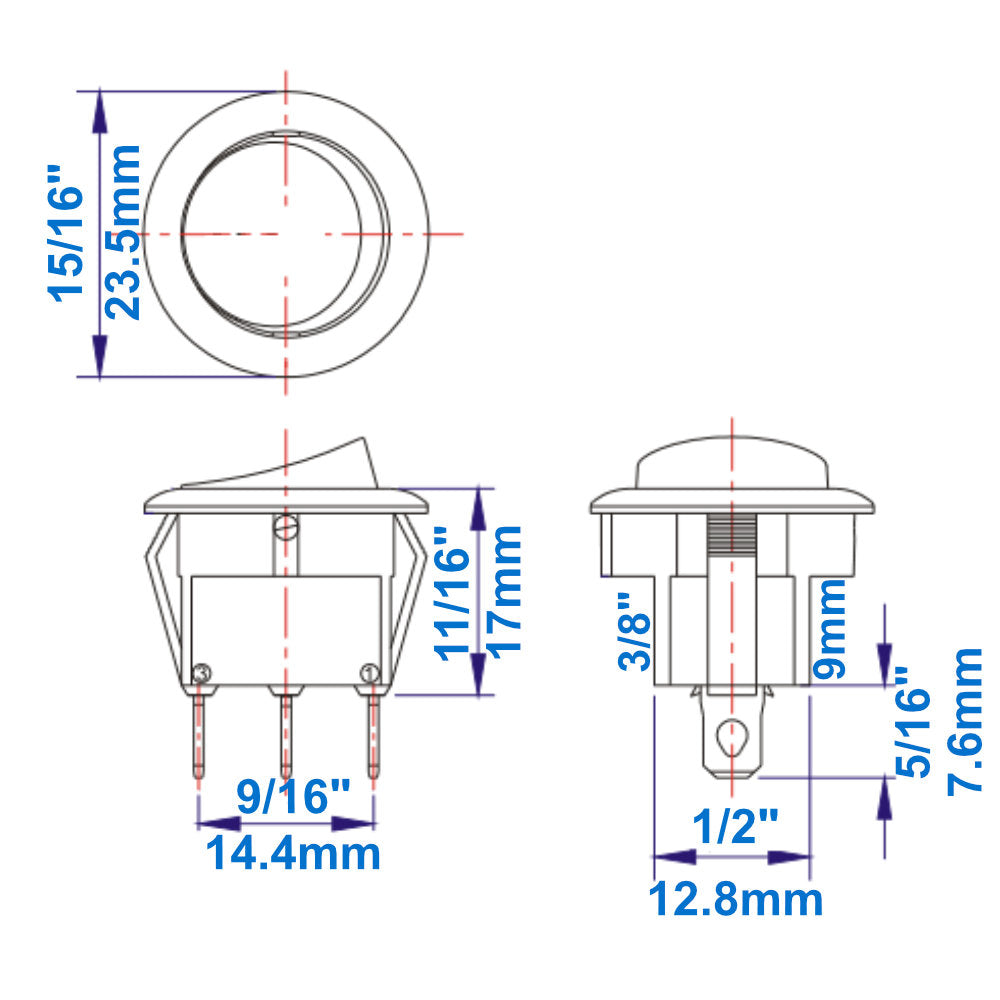 Zing Ear ZE-201-3 toggle switch - dimensions