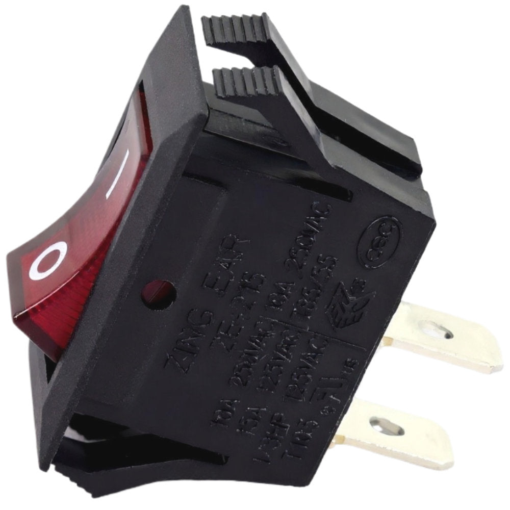 Black toggle switch with red indicator on a white background
