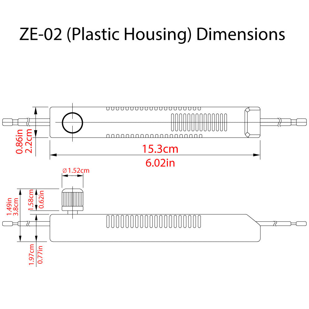 Zing Ear ZE-02A inline rotary pole lamp dimmer switch - plastic housing dimensions