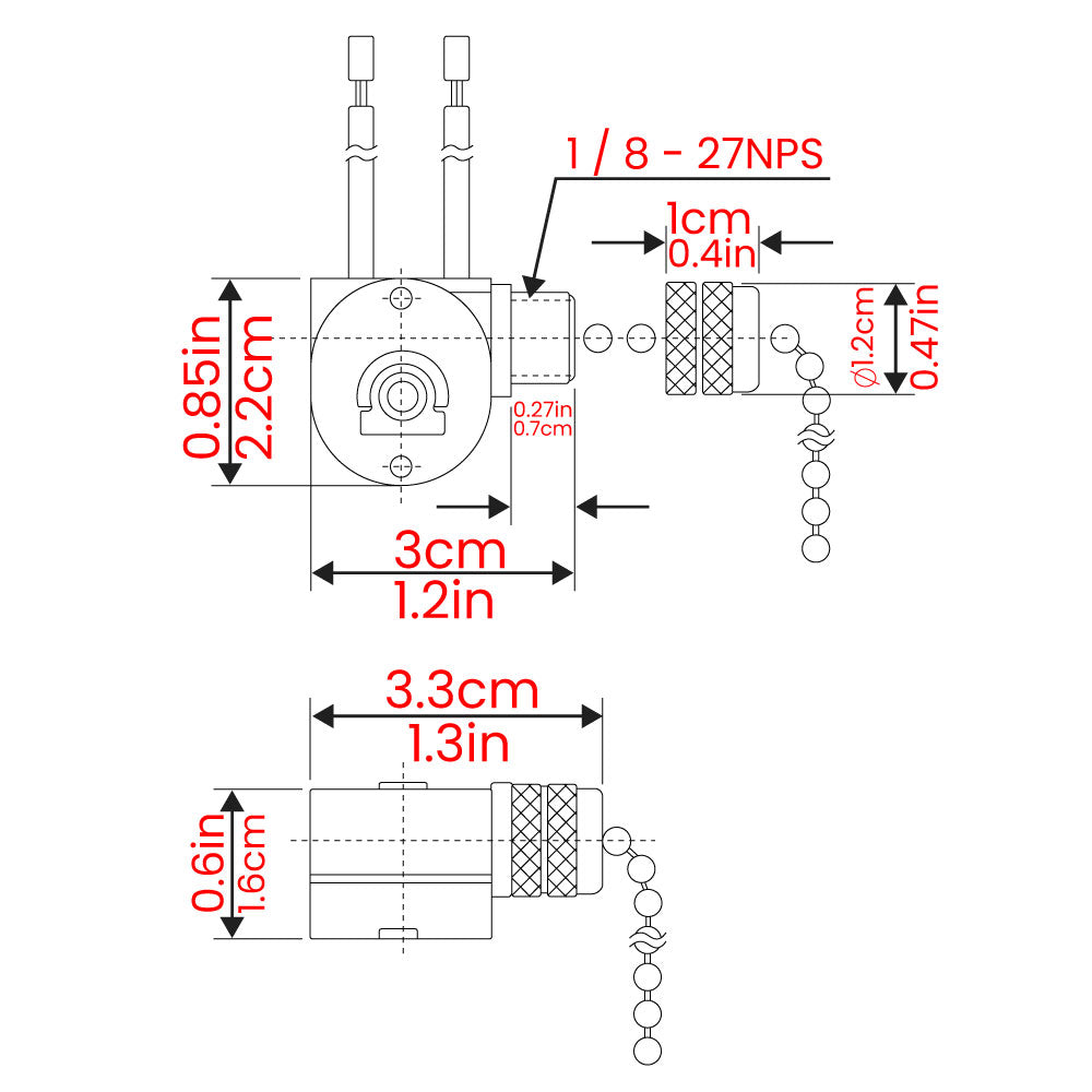 Zing Ear ZE-109 pull chain light switch - dimensions