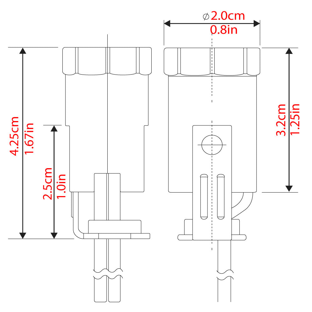 Zing Ear ZE-301B lamp holder socket with 2 wires 75W - dimensions