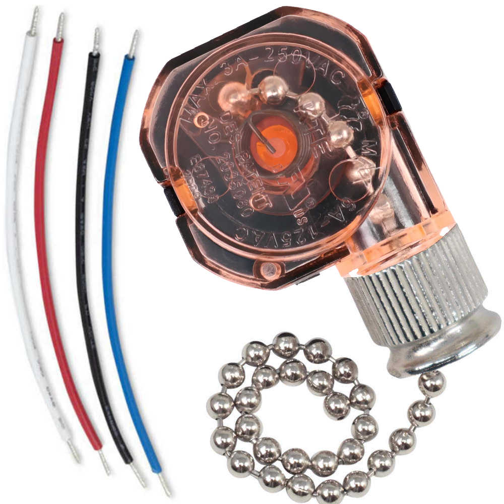 KTE 3089 Circuit B 3 Speed 4 Wire Fan Pull Chain Switch - Nickel with 4 Wires