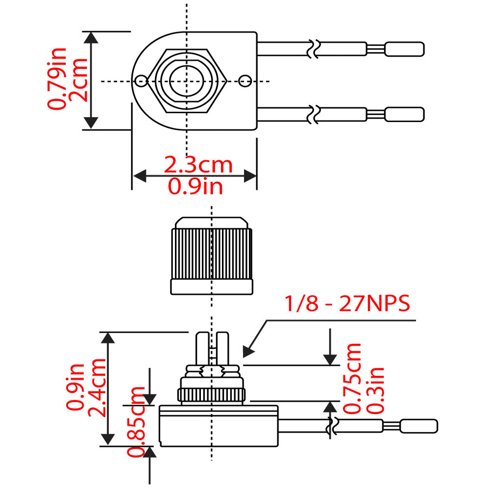 Zing Ear ZE-106 on-off rotary lamp switch with wwo wires - dimensions