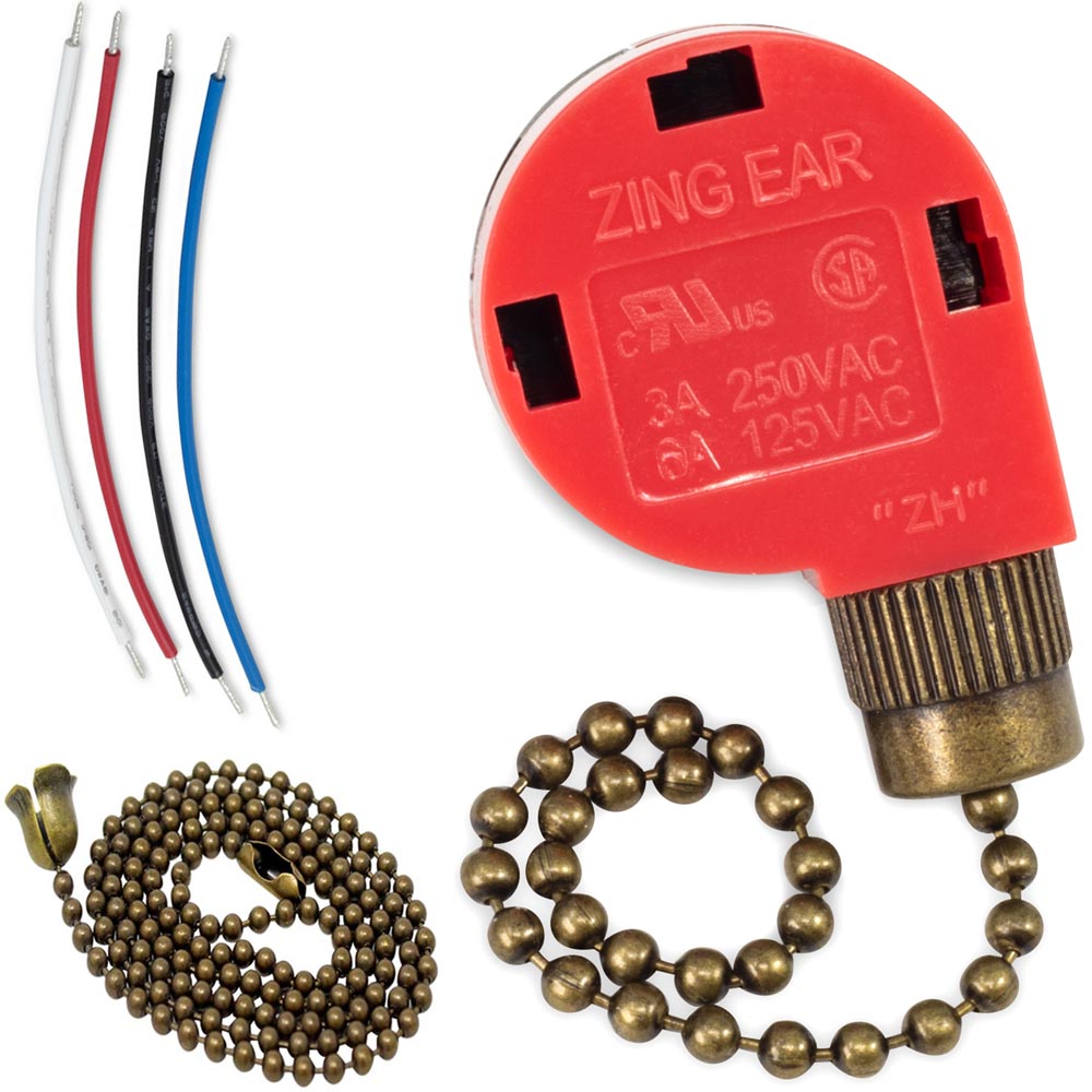 Zing Ear ZE-268s1 3 speed ceiling fan switch with 4 wires - antique brass